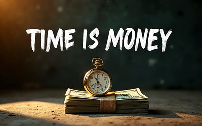Time is money, 4K, stopwatch on money, stack of American dollars, watches, watches and money, Time is money concepts, Time is money art, business concepts