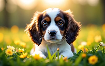 4k, Cavalier King Charles Spaniel puppy, cute dog, spring, dogs, cute animals, puppies, bokeh, pets, Cavalier King Charles Spaniel, spring flowers, puppy on the lawn, Cavalier King Charles Spaniel Dog