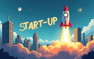 Start-Up, 4k, rocket takeoff, motivation, cartoon art, inspiration, Start-Up concepts, Start-Up inspiration, creative, Start-Up Art, Start Up