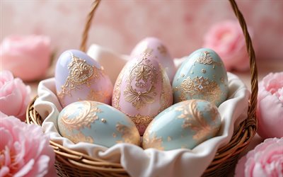 ostereier mit goldenen ornamenten, 4k, frohe ostern, ostereier, ostern, ostereier in einem weidenkorb, osterdekorationen