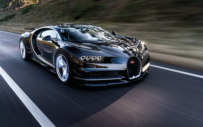 de carreteras, movimiento de 2017, Bugatti Chiron, desenfoque, supercars, negro Bugatti