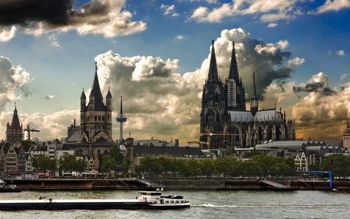 Cologne, paysage urbain, architecture, nuages, Allemagne