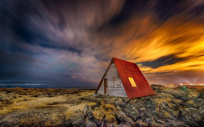 islândia, noite, costa, cabana, céu estrelado
