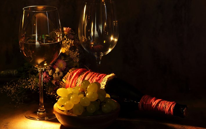 vin, vindruvor, glas vin, flaska, kväll