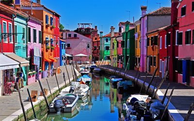 Isola di Burano, Venezia, barche, estate, Italia, canali
