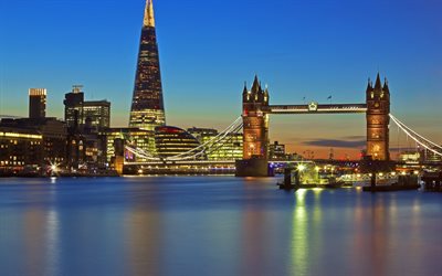 Londres, la Noche, el Támesis, Inglaterra, Torre, Puente, rascacielos, El Fragmento, la Torre shard
