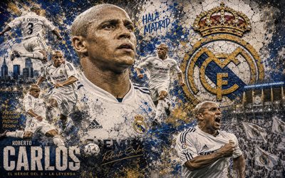 روبرتو كارلوس, ريال مدريد, 4k, rc3, خلفية الحجر, شعار ريال مدريد, روبرتو كارلوس ريال مدريد, فن جدارية, كرة القدم, نادي ريال مدريد لكرة القدم, روبرتو كارلوس دا سيلفا روشا, rc3 ريال مدريد