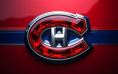 Montreal Canadiens crystal logo, 4k, red metal background, NHL, Montreal Canadiens logo, Montreal Canadiens emblem, USA, Montreal Canadiens, hockey, Canada