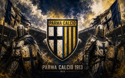 Parma Calcio 1913, 4k, The Crusaders, Italian football club, Parma Calcio, Parma FC, Parma Calcio logo, Parma Calcio emblem, crusaders with shields, Parma, Italy, football, Stadio Ennio Tardini, grunge art