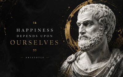 onnellisuus riippuu meistä itsestämme, musta tausta, aristoteles, motivaatio, aristoteleen marmorinen rintakuva, luksustaidetta, inspiraatiota, aristoteleen lainaukset, onnellisuus