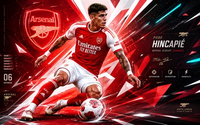 4k, Piero Hincapie, Arsenal FC, vector art, red abstract vector background, Piero Hincapie Arsenal FC, creative art, Arsenal FC logo, Piero Hincapie Arsenal, football, Arsenal
