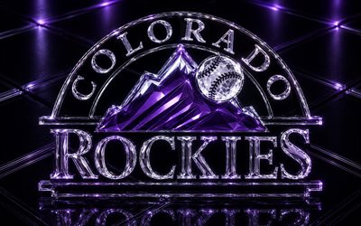logo des rocheuses du colorado, fond métal violet, emblème des rocheuses du colorado, signe en cristal des rocheuses du colorado, mlb, usa, base ball, rocheuses du colorado