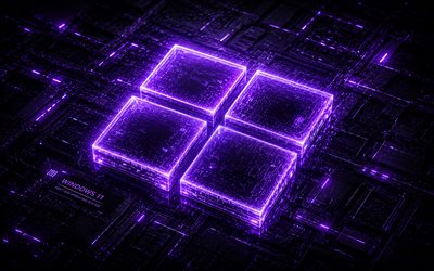 شعار ويندوز 11 باللون الأرجواني النيون, 4k, الخلفية الإبداعية المظلمة, شعار ويندوز 11, علامة ويندوز 11, ويندوز 11, ضوء النيون الأرجواني, شعار ويندوز, شعار مايكروسوفت, ويندوز