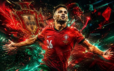 gonçalo ramos, selección de fútbol de portugal, fan art, fondo de líneas abstractas verde rojo, gonzalo ramos defeminis, arte creativo, logotipo de la selección de fútbol de portugal, fútbol americano, gonçalo ramos portugal