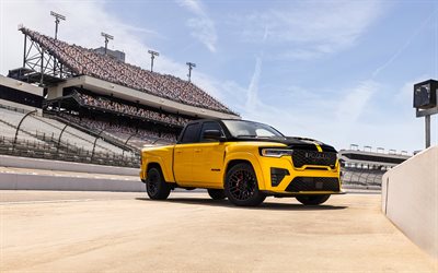 2027, ram 1500 rumble bee srt, 4k, edestä katsottuna, ulkopuoli, ram 1500 viritys, keltainen ram 1500 2027, amerikkalaiset autot, ram