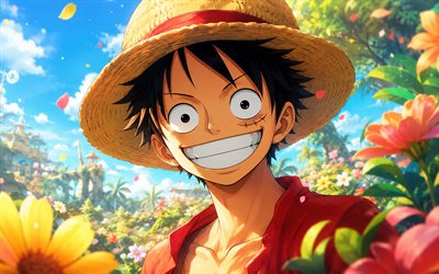 4k, Monkey D Luffy, abstract art, One Piece, flowers, Gear Fifth, manga, One Piece characters, Monkey D Luffy chibi, Gear 5, artwork, Gomu Gomu no Mi, Monkey D Luffy One Piece