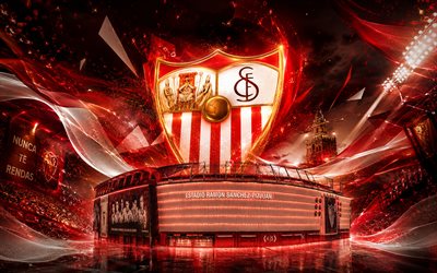 Sevilla FC, 4k, Spanish football club, Sevilla FC logo, football art, burgundy blue abstract background, Sevilla FC emblem, La Liga, football, Spain, Sevilla