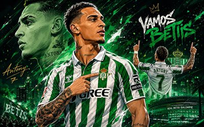 Antony, 4k, green abstract background, Real Betis FC, La Liga, brazilian footballers, Antony 4K, football, Antony Art, soccer, Antony Real Betis, Real Betis Balompie