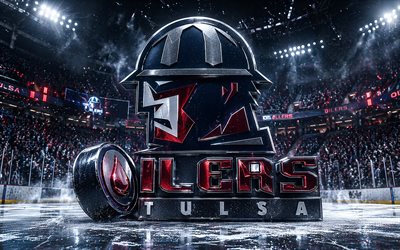 4k, Tulsa Oilers metal logo, spotlights, ice arena, ECHL, creative, hockey, Tulsa Oilers logo, hockey stadium, Tulsa Oilers 3D logo, american hockey team, Tulsa Oilers