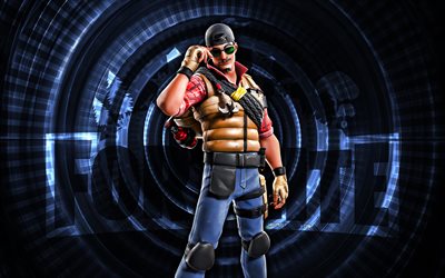 l'attaccabrighe fortnite, 4k, sfondo a spirale blu, fortnite, creativo, pelle dell'attaccabrighe, skin fortnite wrangler, attaccabrighe, personaggi di fortnite
