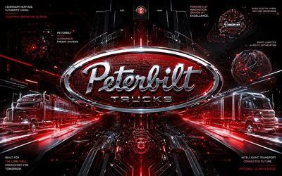 peterbilt 3d  logo, 4k, punainen futuristinen tausta, luova, punaiset neonsäteet, peterbilt metallinen logo, peterbilt futuristinen logo, kuorma autojen merkit, peterbiltin logo, peterbilt