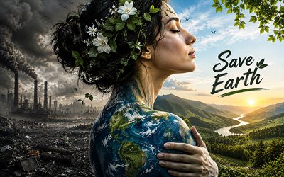 4k, Save Earth, woman, environmental pollution, 3D art, factory, ecology concepts, Save Earth concepts, protect nature, environment concepts, eco concepts, harm to the environment, green tree and factories