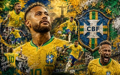 نيمار جونيور, شعار منتخب البرازيل لكرة القدم, 4k, نيمار جونيور البرازيل, خلفية الحجر, منتخب البرازيل لكرة القدم, فن جدارية, كرة القدم, البرازيل, نيمار منتخب البرازيل لكرة القدم, نيمار دا سيلفا سانتوس جونيور, نيمار