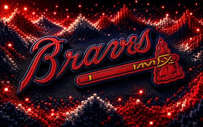 Atlanta Braves fabric logo, 4k, blue red 3D background, MLB, baseball, Atlanta Braves logo, Atlanta Braves emblem, american baseball team, Atlanta Braves