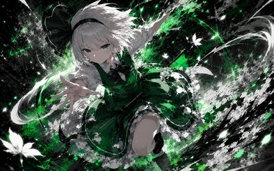 Youmu Konpaku, 4k, green black abstract background, Touhou Project, manga, green glare, Touhou characters, Touhou, Konpaku Youmu, anime characters, Torii, Youmu Konpaku Touhou
