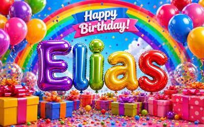 4k, Elias Happy Birthday, rainbow, balloons 3D letters, Elias name, Elias Birthday, colorful gift boxes, popular american male names, Happy Birthday Elias, picture with Elias name, Elias