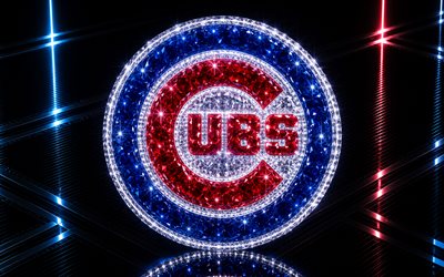 chicago cubsin logo, sininen metalli tausta, chicago cubsin tunnus, chicago cubs  kristallimerkki, mlb, usa, baseball, chicago cubs