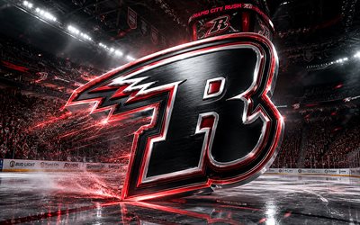 4k, Rapid City Rush metal logo, spotlights, ice arena, ECHL, creative, hockey, Rapid City Rush logo, hockey stadium, Rapid City Rush 3D logo, american hockey team, Rapid City Rush