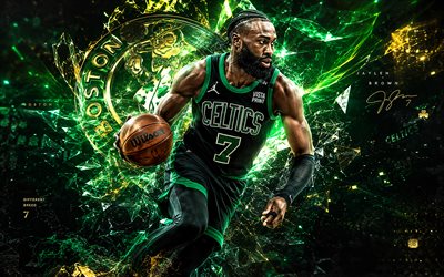 4k, Jaylen Brown, green digital background, Boston Celtics, NBA, American basketball players, Jaylen Brown 4K, basketball, fan art, Jaylen Brown Art, Boston Celtics logo, Jaylen Brown Boston Celtics