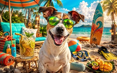 jack russell terrieri, 4k, kesä, trooppinen ranta, rantatarvikkeet, meri, aurinkotuoli, aurinkolasit, jack russell terrieri rannalla, koirat, cocktail, söpöjä eläimiä, ranta, lemmikkejä, koira aurinkolaseissa, jack russellinterrieri koira