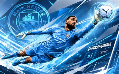 gianluigi donnarumma, manchester city fc, vektori taidetta, sininen valkoinen abstrakti tausta, gianluigi donnarumma manchester city fc, luovaa taidetta, manchester city fc  logo, gianluigi donnarumma manchester city, jalkapallo, manchester city