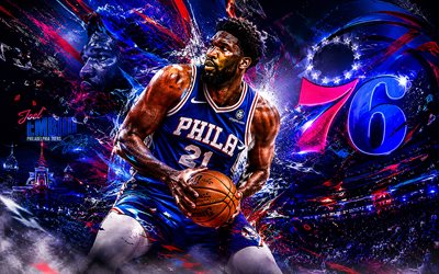 Joel Embiid, 4k, blue digital background, Philadelphia 76ers, NBA, American basketball players, Joel Embiid 4k, fan art, basketball, Joel Embiid Art, Joel Embiid Philadelphia 76ers