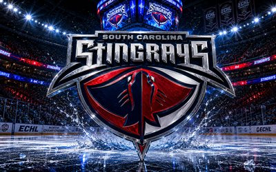 4k, South Carolina Stingrays metal logo, spotlights, ice arena, ECHL, creative, hockey, South Carolina Stingrays logo, hockey stadium, South Carolina Stingrays 3D logo, american hockey team, South Carolina Stingrays