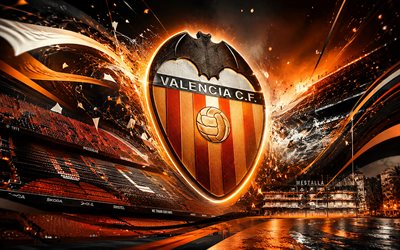 Valencia CF, 4k, Spanish football club, Valencia CF logo, football art, orange black abstract background, Valencia CF emblem, La Liga, football, Spain, Valencia