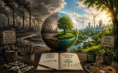 Save Earth, 4k, book, glass sphere, environmental pollution, 3D art, ecology concepts, protect nature, environment concepts, eco concepts, heavy industry, harm to the environment, green tree and factories, Save Earth concepts