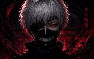 4k, Ken Kaneki, hieroglyphs, night, Torii gate, Tokyo Ghoul characters, mask, Kaneki Ken, close-up, protagonist, Tokyo Ghoul, artwork, Torii, Ken Kaneki art, Ken Kaneki Tokyo Ghoul