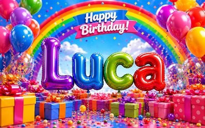 4k, Luca Happy Birthday, rainbow, balloons 3D letters, Luca name, Luca Birthday, colorful gift boxes, popular american male names, Happy Birthday Luca, picture with Luca name, Luca