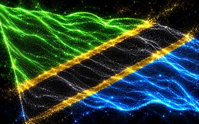 leuchtende flagge tansanias, 4k, dunkelheit, flagge von tansania, tag von tansania, 3d kunst, tansanische flagge, tansania neonflagge, neonwellen tansania flagge, tansania 3d flagge, abstrakte flagge tansanias, tansania