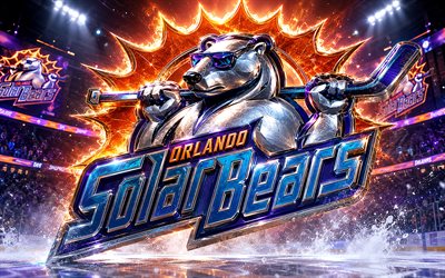 4k, Orlando Solar Bears metal logo, spotlights, ice arena, ECHL, creative, hockey, Orlando Solar Bears logo, hockey stadium, Orlando Solar Bears 3D logo, american hockey team, Orlando Solar Bears