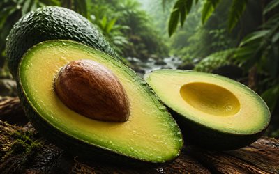 avokado, 4k, kapatmak, sebze, avokado kesmek, taze sebzeler, avokado çukuru, orman, avokado ile arka plan, olgun avokado, persea amerikanası