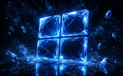 شعار ويندوز 11 كريستال ثلاثي الأبعاد, 4k, ضوء النيون الأزرق, شعار ويندوز 11, علامة ويندوز 11, خلفية سوداء, ويندوز 11, شعار مايكروسوفت, شعار ويندوز, ويندوز