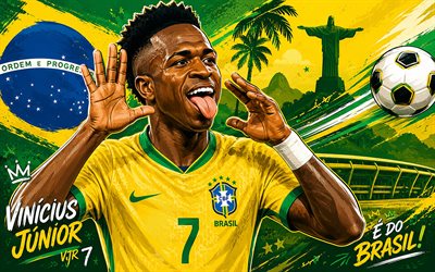 Vinicius Junior, 4k, green abstract background, Brazil national football team, CONMEBOL, brazilian footballers, Vinicius Junior 4K, football, Vinicius Junior art, vector art, soccer, national teams, Vinicius Jr, Vini Jr, CBF, Vinicius Junior Brazil team