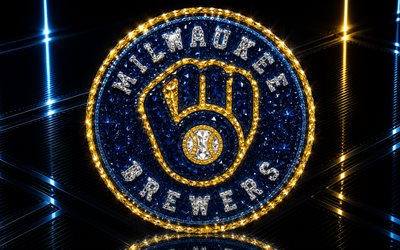 logotipo de los cerveceros de milwaukee, fondo metálico azul, emblema de los cerveceros de milwaukee, signo de cristal de los cerveceros de milwaukee, grandes ligas, eeuu, béisbol, cerveceros de milwaukee