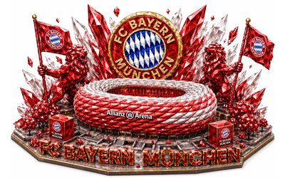 fc bayern münchenin logo, 4k, isometrinen kristallitaide, fc bayern münchen, allianz arena, fc bayern münchenin tunnus, bundesliiga, saksa, jalkapallo, 3d kidetaidetta