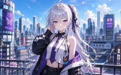 4k, yowane haku, luz, horizonte urbano, vocaloide, chica con cabello morado, mdt, protagonista, manga, personajes vocaloides, haku yowane, cantantes virtuales japoneses, yowane haku vocaloid