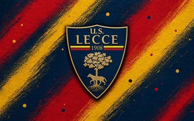 US Lecce logo, 4k, blue and red paint background, US Lecce, Italian football club, US Lecce emblem, Serie A, Italy, Lecce